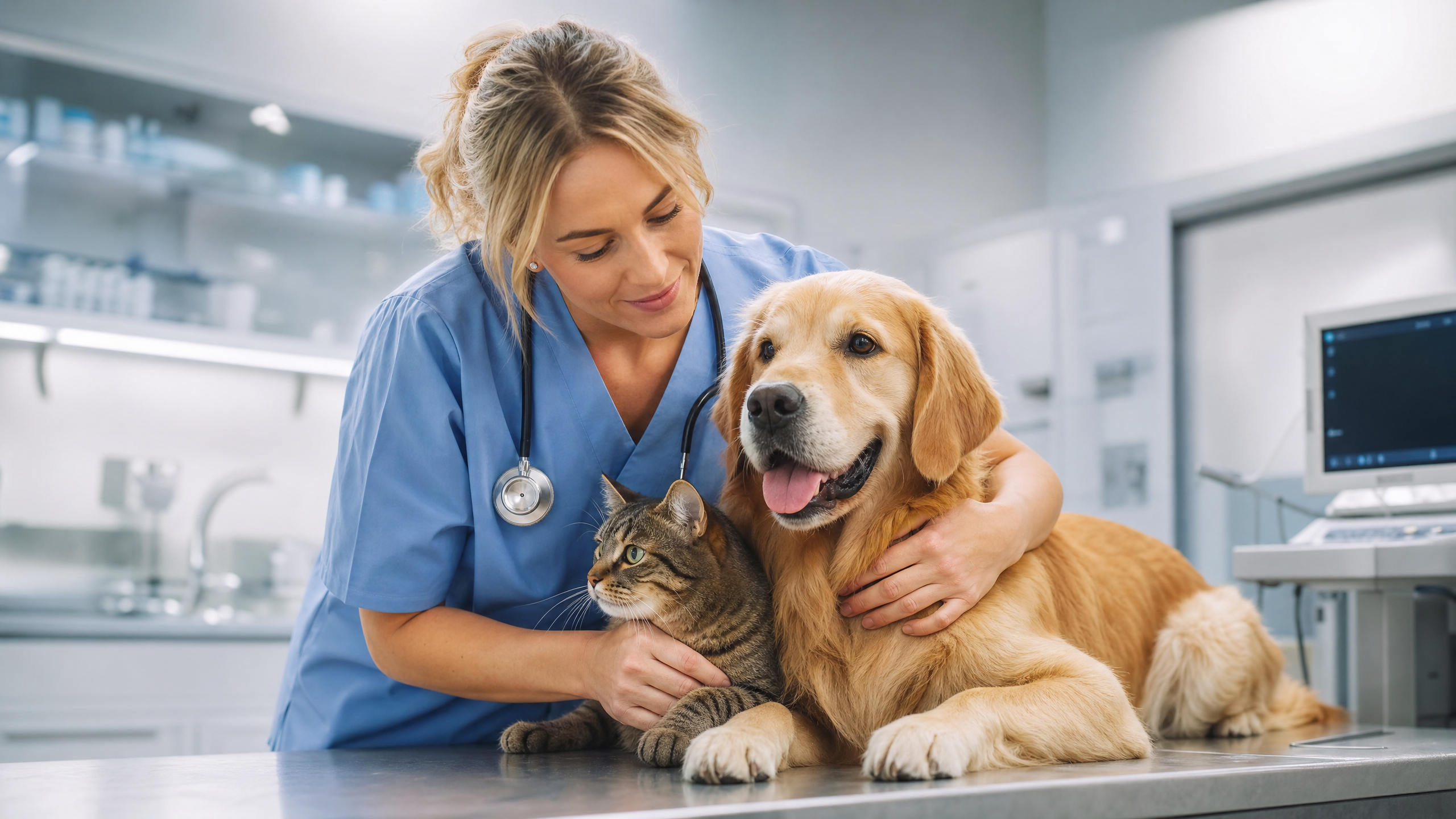 Veterinário cuidando de cachorro e gato